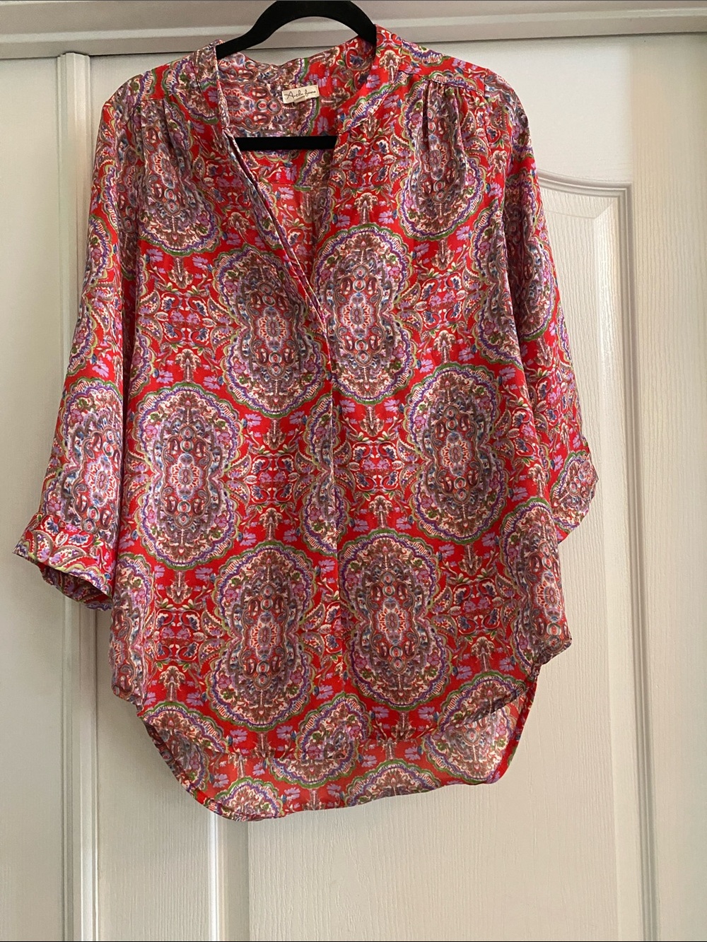 V-Neck Red Paisley Blouse with Three-Quarter Sleeves